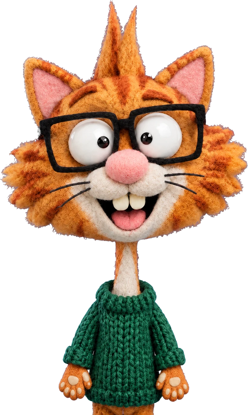 Mr. Dwope, a felt ginger cat in glasses and a green sweater